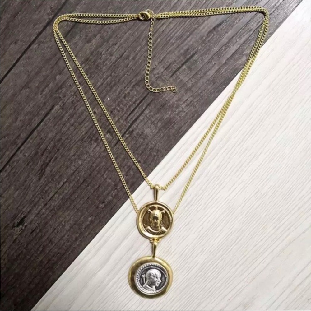 Coin Pendant Vintage Double Chain Layered Necklace - Picture 5 of 11